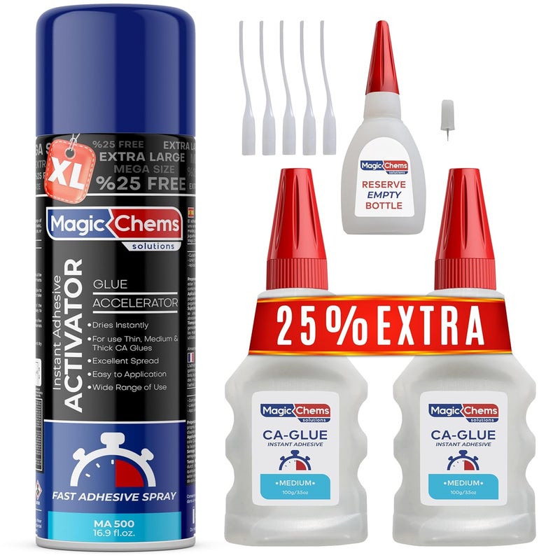 Magic Chems CA Glue with Activator (2 x 3.5 oz + 16.9 fl oz), Cyanoacrylate Glue and Activator, Super Glue withActivator, CAGlue and Accelerator (1 Pack) - Image 1